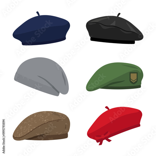 A diverse collection of stylish beret hats in various colors and designs, showcasing classic and contemporary headwear fashion accessories for different looks and occasions