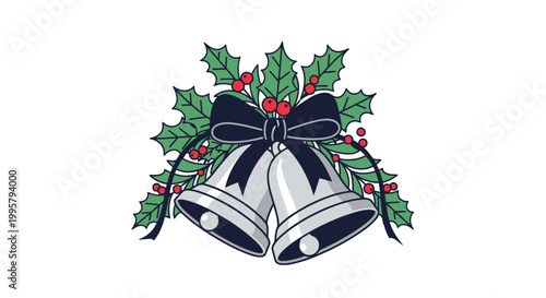Christmas Bells Holly Berry Bow Isolated White Background Celebration