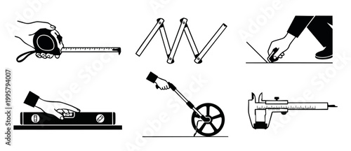 Measuring Tools Icon Set: Tape Measure, Caliper, Level and Survey Wheel. Professional industrial construction equipment collection for architecture, engineering, renovation projects and technical desi