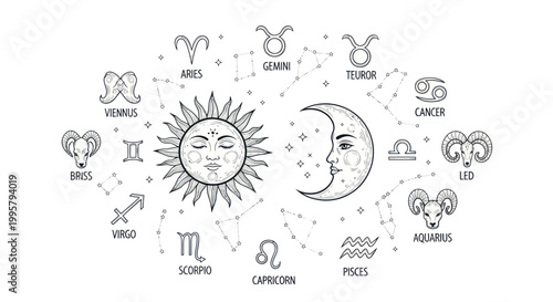 Zodiac Constellations, Sun, Moon, Astrology Symbols, Horoscope Icons