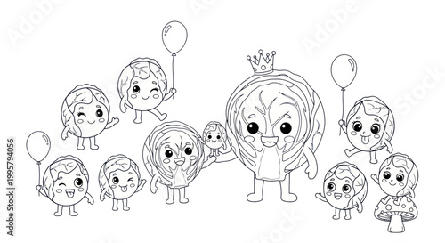 Cute Cabbage Characters with Balloons and Crown, Coloring Page Outline