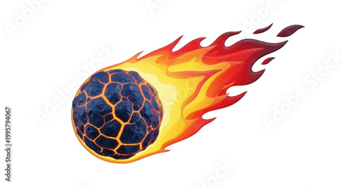Vector illustration of burning meteor or asteroid with lava cracks on a transparent background