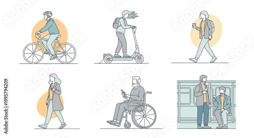 Flat line illustrations of people commuting and interacting in various urban settings with a minimalist style and pastel color palette.