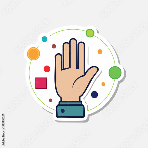 Stop Hand Gesture with Colorful Dots and Shapes
