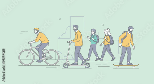 Illustration of people commuting on various modes of transportation in a line with a pastel green background and minimalist style.