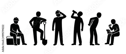 Construction worker silhouette set, manual laborer characters in various poses with hard hat, shoveling, drinking water, resting, and eating lunch, isolated flat vector icons for industry site safety