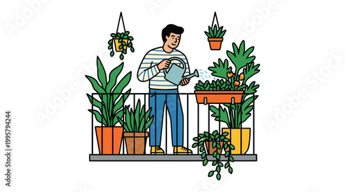 Person tending plants on balcony garden scene.