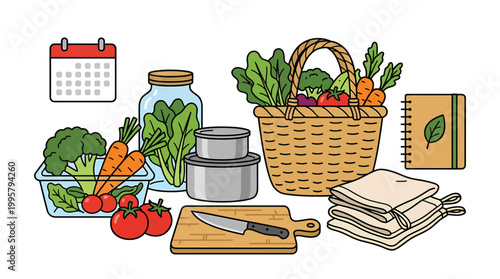 Grocery basket with fresh vegetables and pantry goods.