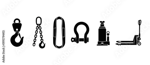 Industrial Lifting Equipment Icons Set: Crane Hook, Chain, Lifting Sling, Shackle, Hydraulic Jack, and Pallet Truck for Logistics, Construction, Warehouse, and Heavy Machinery Operations and Cargo Saf