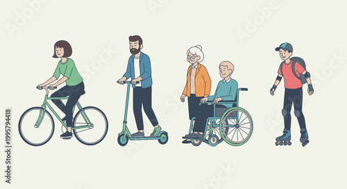 Illustration of diverse people with different abilities commuting on various eco-friendly transportation methods against a pale background.