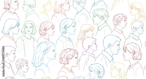 A diverse crowd of people in profile with various expressions and hairstyles