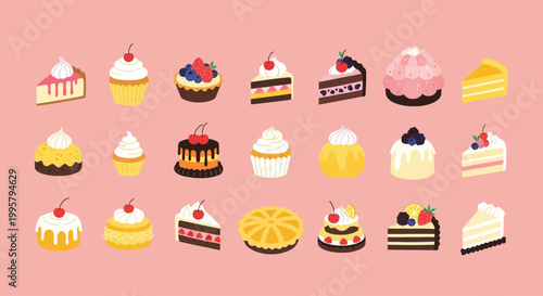 A variety of colorful desserts including cakes and cupcakes on a pink background