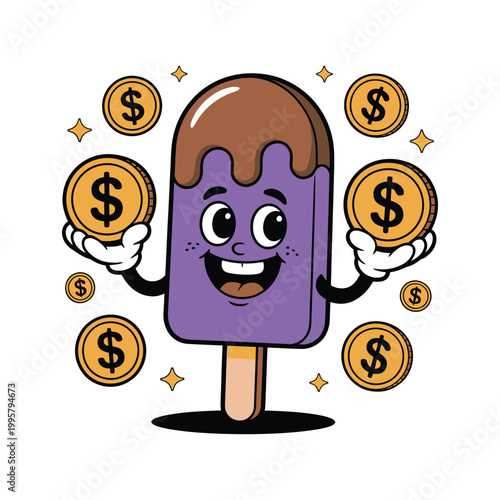 Popsicle cartoon character holding dollar coins with happy face
