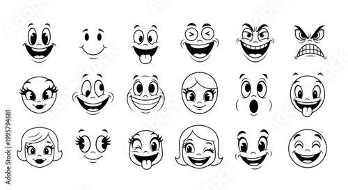 A collection of various cartoon faces with different expressions and emotions.