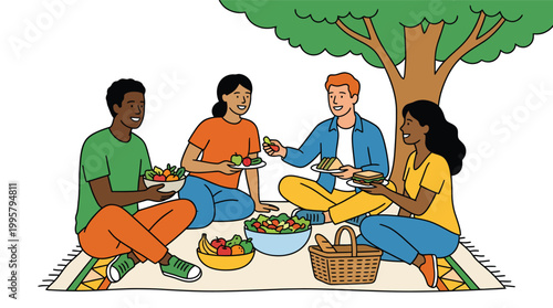Group Of Friends Enjoying A Picnic Outdoors.