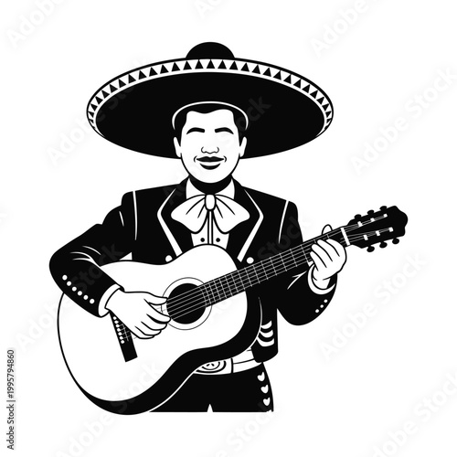 Mariachi musician playing guitar in traditional Mexican costume and sombrero