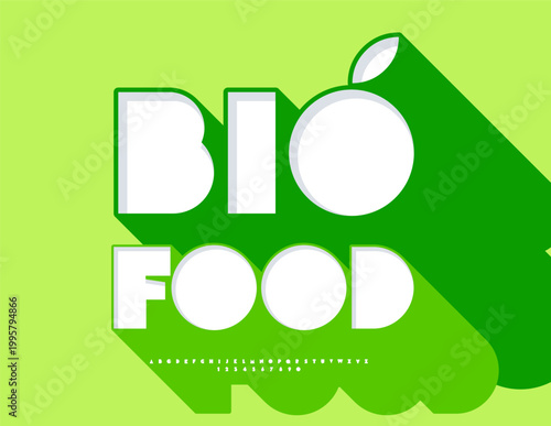Vector Green Promotion Bio Food. Creative Font with Big Font. Decorative 3D Alphabet Letters and Numbers.