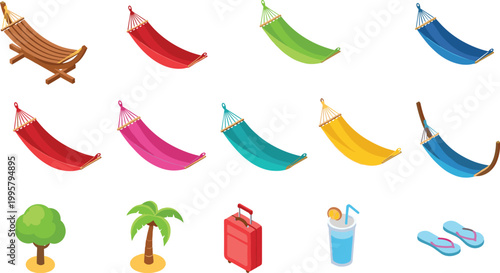 Summer vacation items set with colorful hammocks, palm trees, suitcase, drink and flip flops in bright flat cartoon vector illustration style