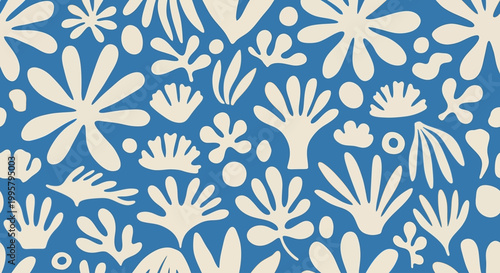 A vibrant floral pattern featuring various stylized flowers and leaves on a blue background with white shapes in uikng 42 ai reference style