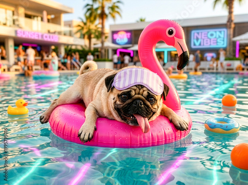 Pug Floating on Pink Flamingo Float