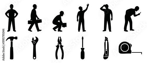 Construction worker silhouettes and tools icon set, professional builder characters and equipment symbols for engineering, architecture, industrial maintenance, renovation, and DIY workshop design pro
