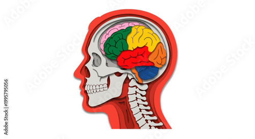 Detailed illustration of a human head with a colorful brain and skeleton