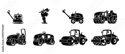 Road Roller Compactor Icon Set, Construction Machinery Vectors, Asphalt Paving Equipment Silhouettes, Heavy Industrial Machinery Collection for Building Site Infrastructure Projects, Smooth Black Grap