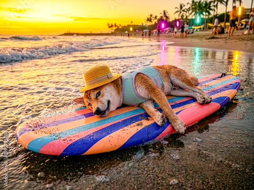 Shiba Inu Relaxing on Sunset Surfboard
