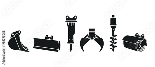 Принти на полотні Excavator Attachments Set Icons, Heavy Construction Equipment Tools for Bulldoze