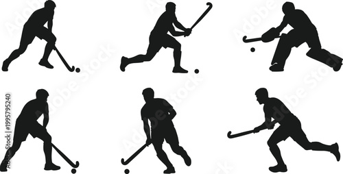 Hockey Player Action Poses, Silhouette Set of Players with Stick and Ball, Sports Illustration