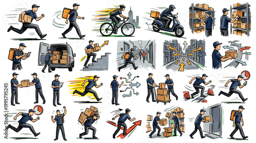A comprehensive collection of illustrations depicting various aspects of delivery services in motions