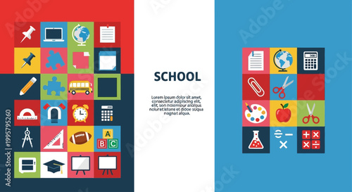 School icons arranged in colorful patterns on educational posters
