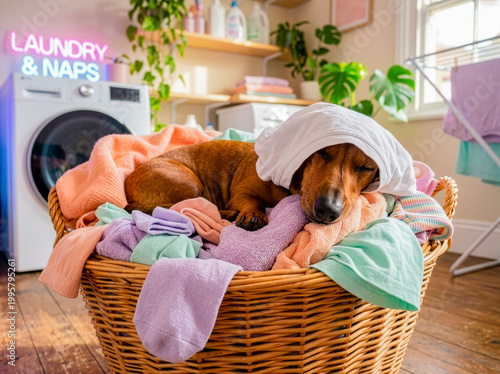 Dachshund Resting in Laundry Basket