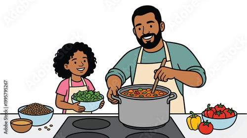 Adult Man Chef Cooking Stew With Child Helper.