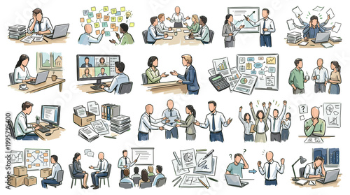 A collage of diverse business-related illustrations depicting various office scenarios, teamwork, and individual work challenges.