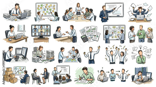 A collection of hand-drawn illustrations depicting various business and office scenarios, including meetings, presentations, teamwork, and individual work.