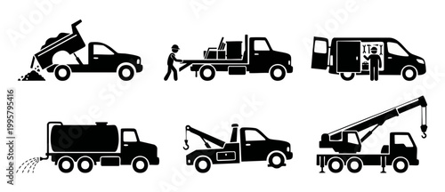 Construction Vehicles Icons Set, Industrial Trucks and Utility Vans Vector Pictograms for Transport and Logistics, Heavy Equipment Silhouettes for Building Infrastructure Projects and Maintenance Serv