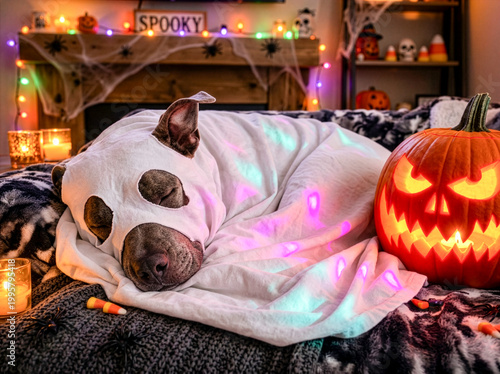 Pit Bull Sleeping in Ghost Costume