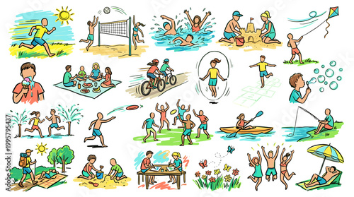 A vibrant collection of illustrations depicting various outdoor summer activities and leisure pursuits enjoyed by people of all ages.