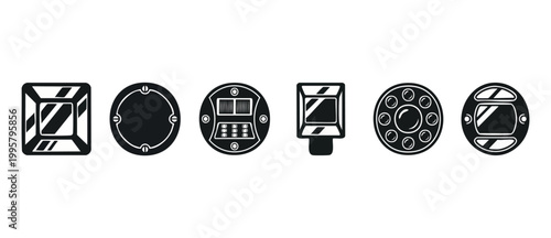 Road stud markers set, reflective highway safety devices for traffic lane delineation, black flat vector icons isolated on white background, infrastructure signaling equipment for night vision navigat