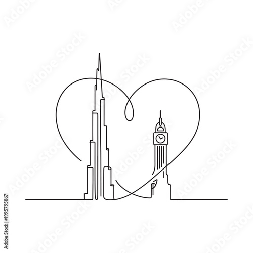 Minimalist line art depicts burj khalifa big ben and a heart shape connecting the iconic landmarks