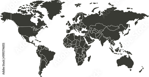 Isolated Blank World Map Silhouette Outline Showing International Boundarie