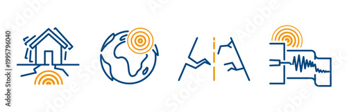 Earthquake icon set, destroyed house, magnitude earthquake, seismograph diagram, destroyed road, outline editable vector icons