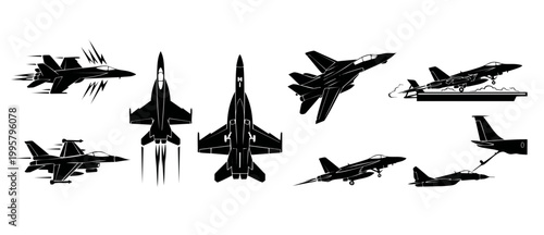 Fighter Jet Silhouettes Set, Military Aircraft Flying and Combat Planes in Action, Vector Collection of Modern Warplanes for Air Force Design, Isolated Black Shapes on White Background for Aviation Th