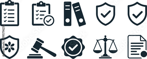 Law and Order Checklist Icons Vector Set, Shield and Gavel Symbols Isolated on White Background for Legal Compliance, Justice System, Security, Audit, and Regulatory Design Projects