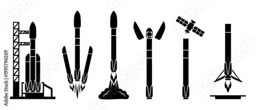 Space Rocket Launch Icons Set, Heavy Lift Launch Vehicle Stages, Satellite Deployment and Landing Vectors, Aerospace Technology Graphics, Modern Minimalist Design Elements for Infographics and Present