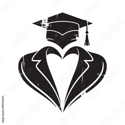 A striking black and white illustration depicts a graduation cap atop a suit symbolizing academic achievement