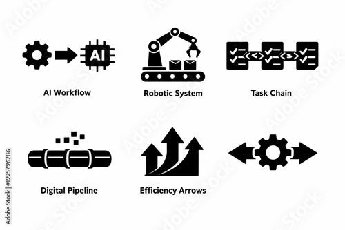 Industrial automation icons: ai workflow, robotic system, task chain, digital pipeline, efficiency arrows