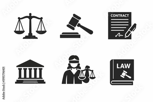 Law and justice icons: scales, gavel, contract, courthouse, lady justice