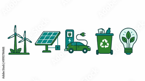 Eco energy concept illustration featuring solar panels and wind turbines with a set of green vector icons for transport delivery trucks and recycling service vehicles
